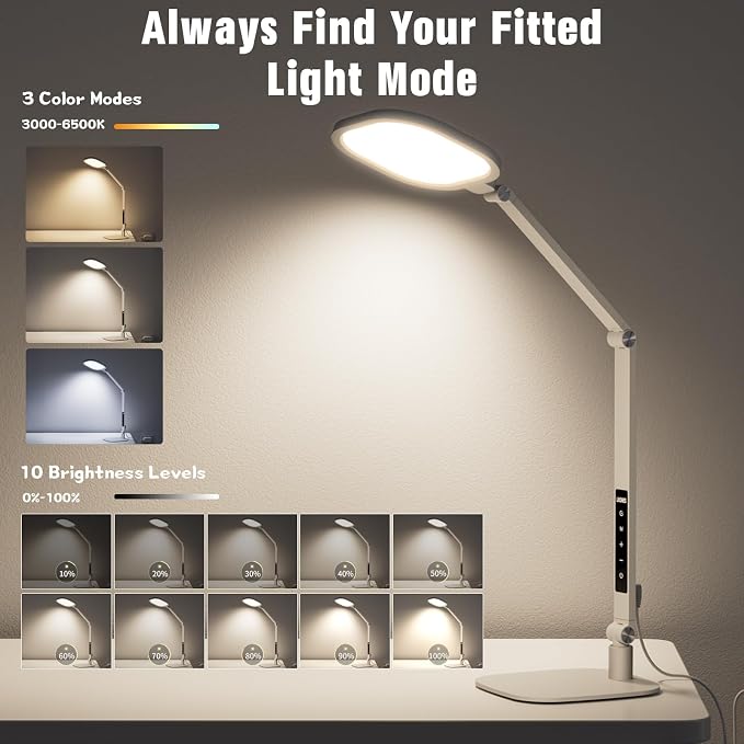 LitONES Eye-Care Desk Light for Video Calls Home Office-White | 15W LED Desk Lamp with CRI 97.8 Memory & Timer Function, 1200LM Dimmable Computer Light for Conference, Reading, Study