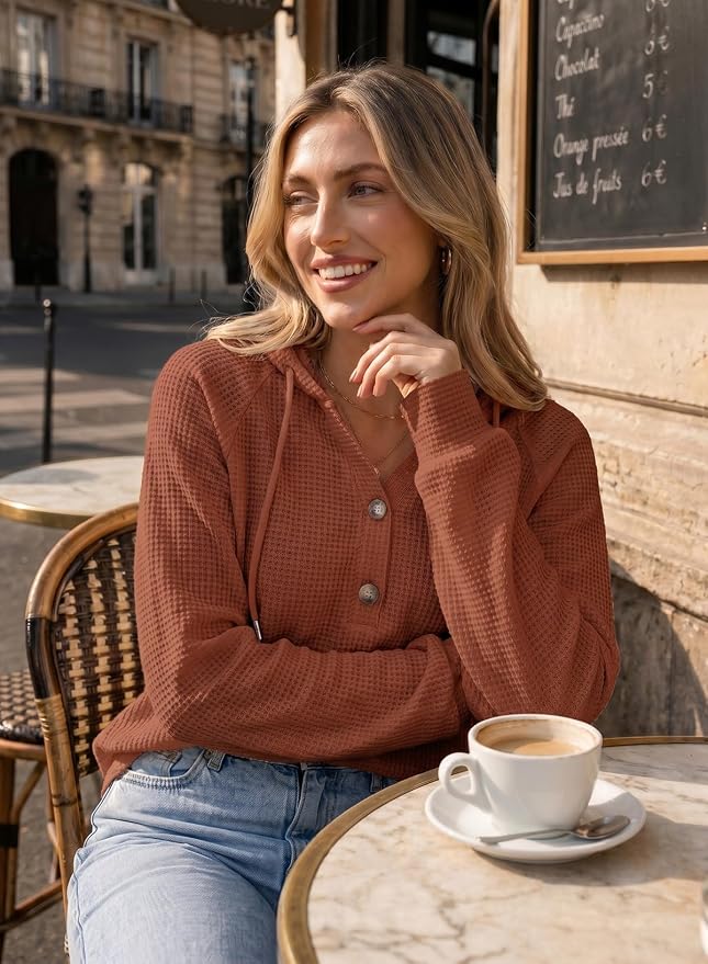 Dokotoo Hoodies for Women Waffle Knit Long Sleeve Drawstring Button V Neck Casual Sweatshirt Hooded Tops Fashion Clothing