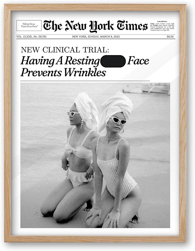 iHery 8x10in Funny Beach Girls Framed Newspaper Wall Art | Natural OAK Wood Frame with Canvas Print, Retro Magazine Decor for Bathroom, Bedroom, Girl Dorm, Living Room 1Pack
