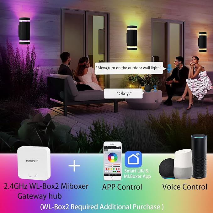 RGB Outdoor Wall Lights with RF Remote Control, Color Changing Porch Light, Up and Down Smart Wall Sconces with 2700k- 6500k RGB+CCT and 32 Modes-ETL Listed (2 Pack)