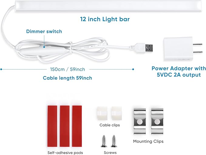 Litever Under Cabinet Lighting with USB Power for Kitchen Counter, Workbench, Coffee Station, Workspace, Closet. Adapter, Dimmer, 12 Inch LED Light. Cool White 4000K