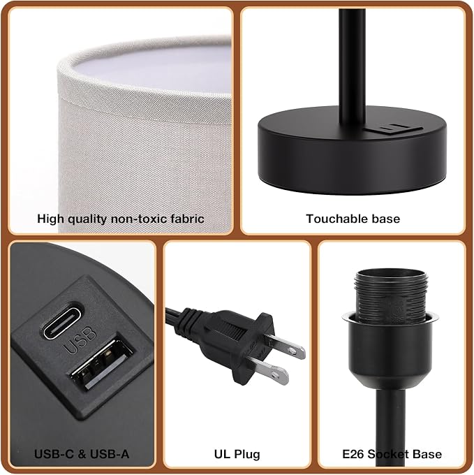 Dicoool Bedside Table Lamp for Bedroom - 3-Way Dimmable Touch Lamp, USB A+C | LED Bulb Included, 14" Small Nightstand Lamp for Desk, Living Room, Guest Room, Grey Fabric Lampshade, Black Metal Base