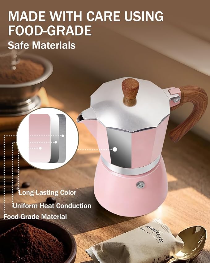 Coffee Maker Stovetop Espresso Maker 3 Cup Aluminum Moka Pot Percolator 5oz 150ml Easy Brewing for Electric Ceramic Stoves Home Camping Italian Cuban Café Classic Sip Sized Pink