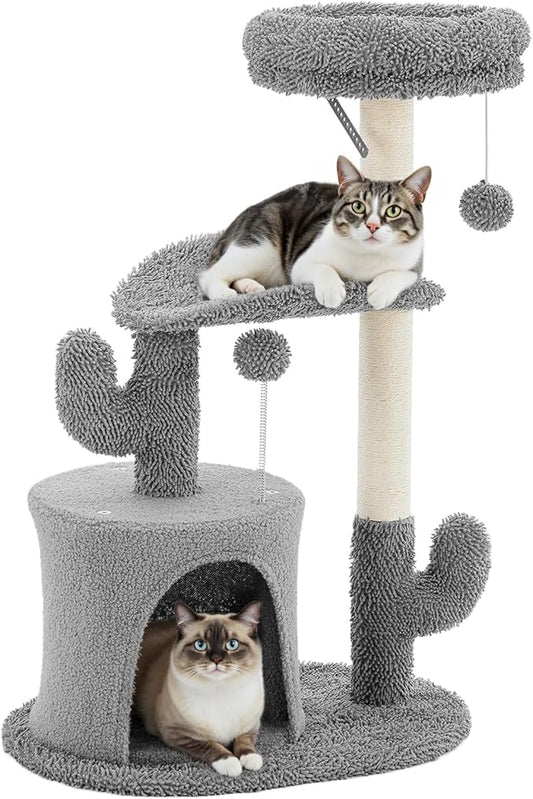 33 Inch Small Cat Tree Tower, Cat Tree with Curved Bed, Cat Tower with Scratching Post and Cozy Condo for Indoor Kittens and Cats, Grey