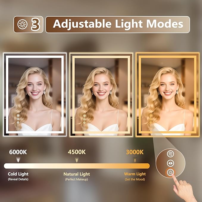 55x36 Inch LED Lighted Bathroom Mirror - Anti-Fog Vanity Mirror with Dimmable Front & Backlit, 3 Color Temp, Smart Memory - Shatterproof HD Glass, IP54 Waterproof Wall Mounted for Makeup Shaving