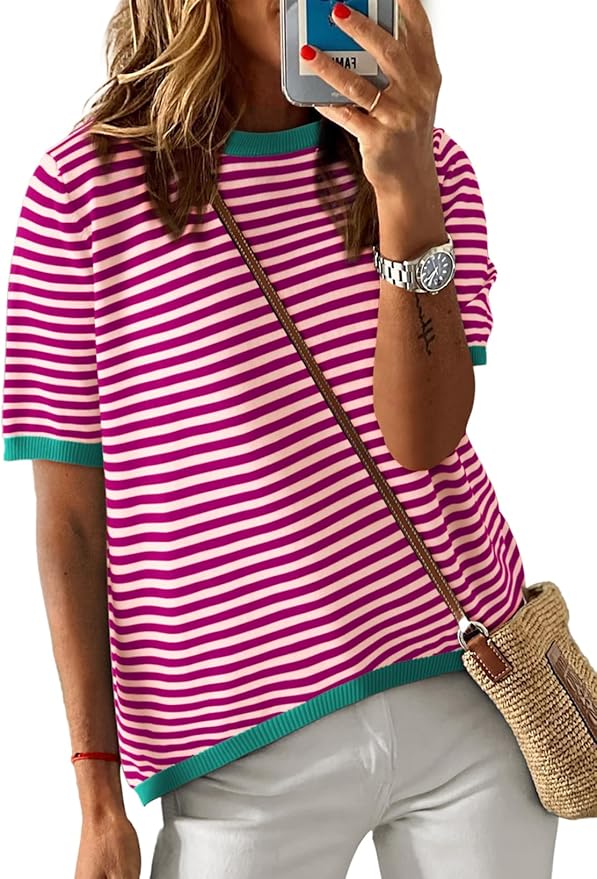 Dokotoo Womens Tops 2026 Casual Summer Crewneck Short Sleeve Striped Color Block Knit High Low Trendy Pullover Sweaters