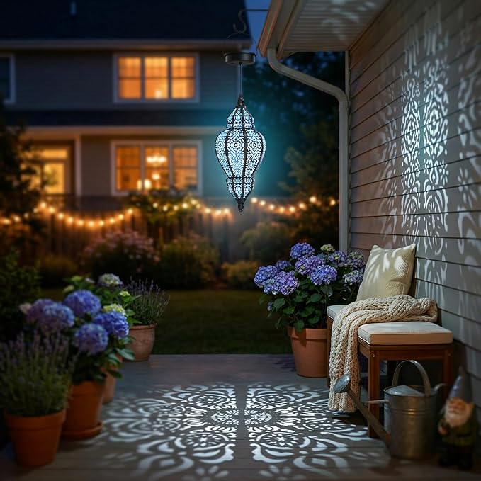 Hanging Solar Lights Outdoor Garden Decor Solar Lantern Waterproof Plastic Moroccan Outdoor Decorations for Patio Pathway Yard Backyard Garden Decorative (Black, 2)