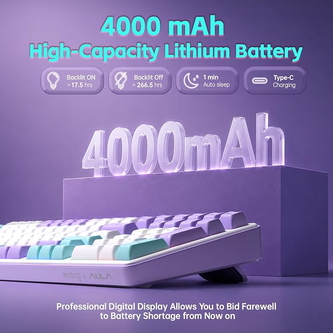 Aula S99pro V2 Wireless Gaming Keyboard,Silent Computer Keyboards,Creamy Membrane Keyboard with Number Pad,Tri-Mode Bluetooth/2.4GHz/USB-C,RGB Backlit,Digital Display Screen - Star Illusion Purple