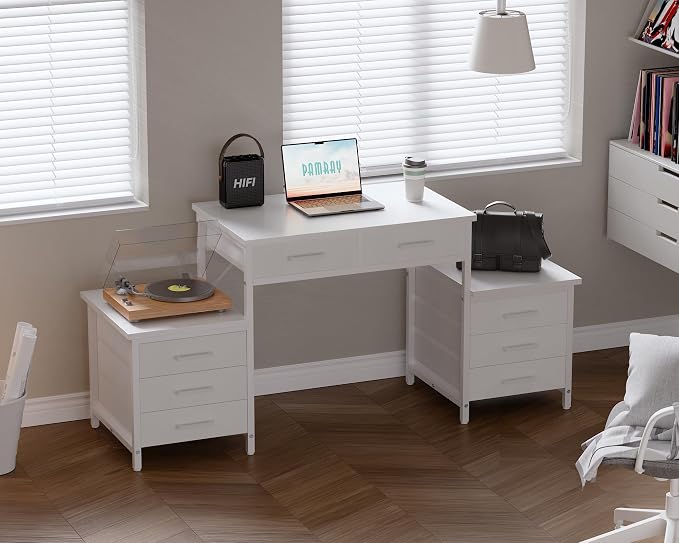 Pamray 63 Inch Office Desk with 8 Drawers and Printer Shelves for Computer | Space-saving, Ample Storage, Large Workspace, Easy Assembly, Sturdy, Suitable for Home Office Study Gaming, Bedroom and Dorms