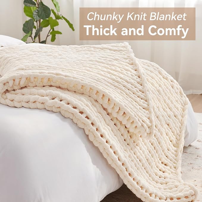 Negwoo Chunky Knit Throw Blanket, Knitted Throw Chenille Yarn, 80"*90" | Soft Thick Cable Knitted Blankets, Handmade Big Thick Blanket, Machine Washable Cute Comfy Blanket for Home Decor,Cream White