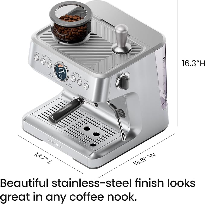 Chefman Crema Supreme 15 Bar Espresso Machine with Milk Frother, Barista Steam Wand, Professional Coffee Maker with Coffee Grinder, 30 Grind Settings, 3L Removable Water Tank - Stainless Steel