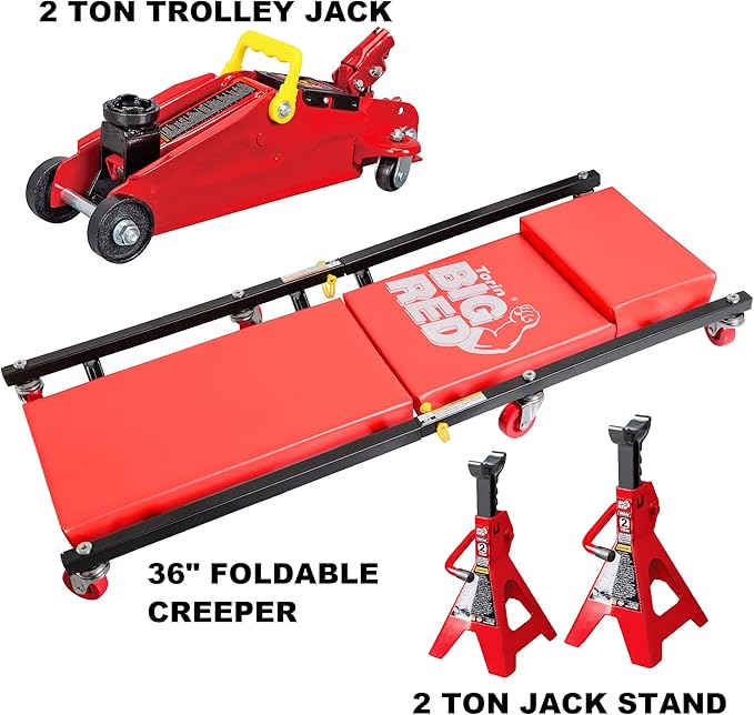 BIG RED T82040 Torin Hydraulic Trolley Floor Service/Floor Combo with 2 Jack Stands and Rolling Garage/Shop Creeper, 2 Ton (4,000 lb) Capacity, Red