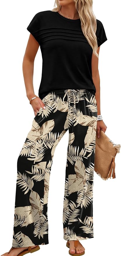 WIHOLL Two Piece Set for Women Summer Spring Outfits Matching Sets Women Clothing Airport Travel Vacation Wide Leg Pants