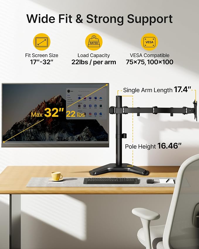 monTEK Freestanding Dual Monitor Stand for 17-32" Screens, 22 lbs Each | Solid V-shaped base, dual-screen full-motion arms, height adjustment, tilt, swivel, rotation and VESA 75/100