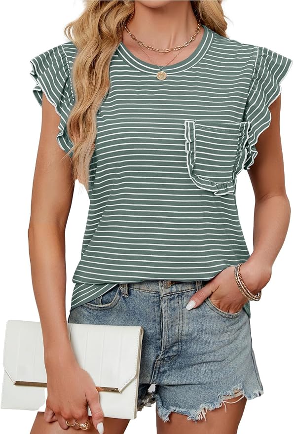 JUSTFASHIONNOW Womens Summer Tops Striped T-Shirts 2026 Ruffle Short Sleeve Crew Neck Casual Blouses with Pocket