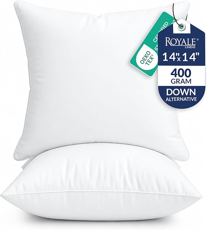 ROYALE LINENS 14 x 14 Pillow Insert - Down Alternative Throw Pillows Insert - Square Pillow Pack of 2 White - Bed & Couch Pillows - Inner Cushion for Bed, Cushion for Living Room - Shams Stuffer