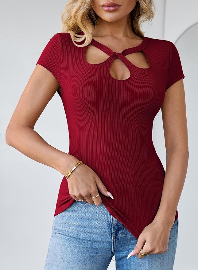Pink Queen Sexy Tops for Women Cutout Keyhole Neck Cap Sleeve Shirts Casual Summer Clothes 2026 Fashion