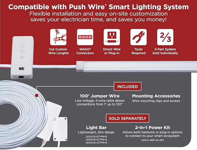 Black+Decker PureOptics Professional Push Wire 100' Jumper Wire Spool for Under Cabinet Lighting, Flat 5/6" or 8mm Cable, 4-Core CL2 Compliant, Non-Metallic, White