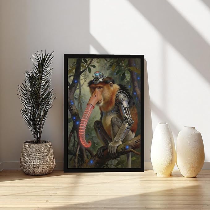 Framed Steampunk Mechanical Proboscis Monkey Wall Art - Jungle Neon Retro Poster for Apartment Leisure Area Decor 12x18in