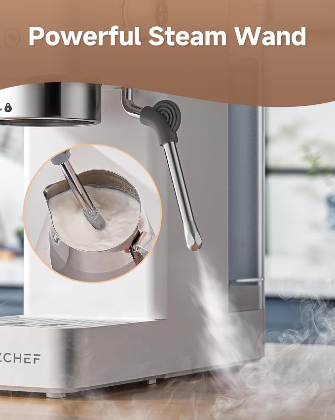 AMZCHEF Compact Espresso Machine 20 Bar, Americano, Latte & Cappuccino | Easy One-Touch Brewing, 30s Heat-Up, Stable PID Control, Easy Milk Frothing, Compact Design, 50oz Tank, White