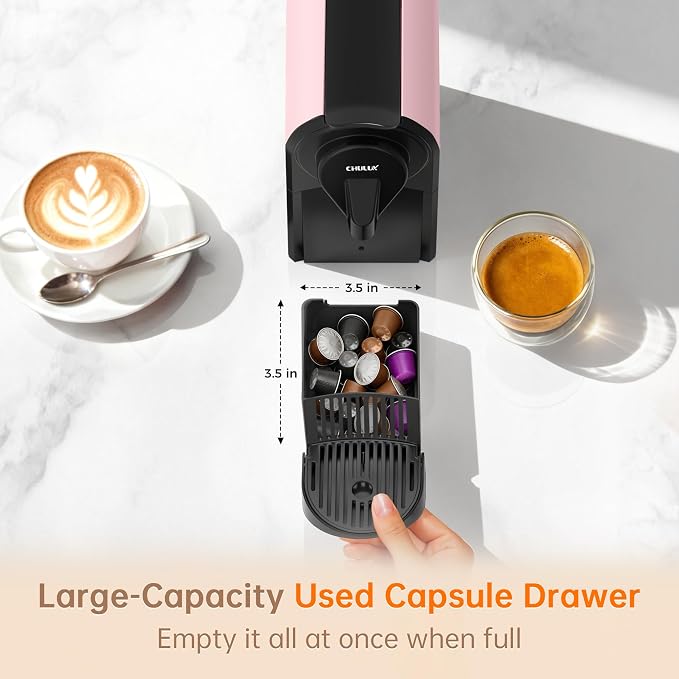 CHULUX Bafè-Pro Compact Espresso Machine 20 Bar for Nes Original Pods, Pink | 1400W Rapid Heating, Espresso Lungo Buttons, Used Capsule Drawer, Auto-Eject System, 24oz Removable Reservoir, Mini Footprint