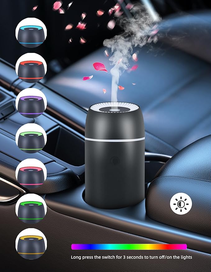 Car Diffuser for Essential Oils Portable Mini Ultrasonic Mist Humidifier 100ml USB Aromatherapy Diffuser Freshener with Colorful Lights for Small Space Home Office Bedroom (Black)