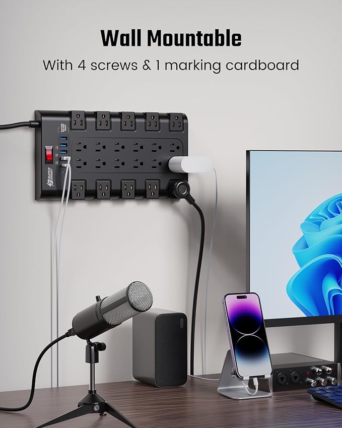 10Ft Power Strip Surge Protector, SUPERDANNY Charging Station 22 Outlets with 45W Type-C Fast Charging USB Ports, 4 USB-A, 2 USB-C, 2100J, 15A/1875W, Flat Plug Extension Cord for Home Office Black