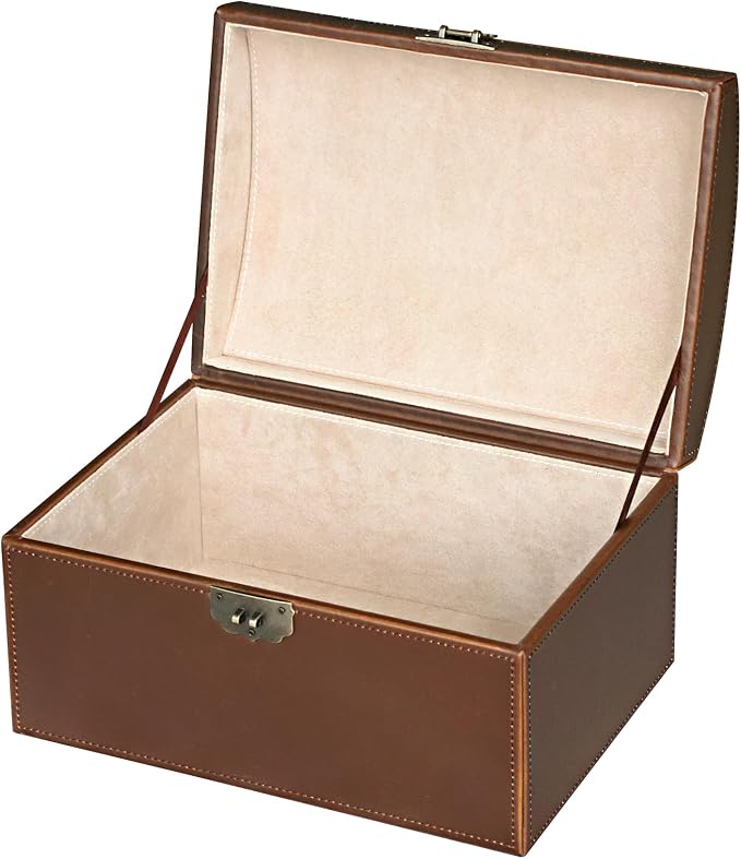 HofferRuffer Faux Leather Decorative Box, Large Wooden Structure Keepsake Box Accessory Organizer Jewelry Organizer with Hinged Lid, Storage Container for Home or Office (Antique Brown)