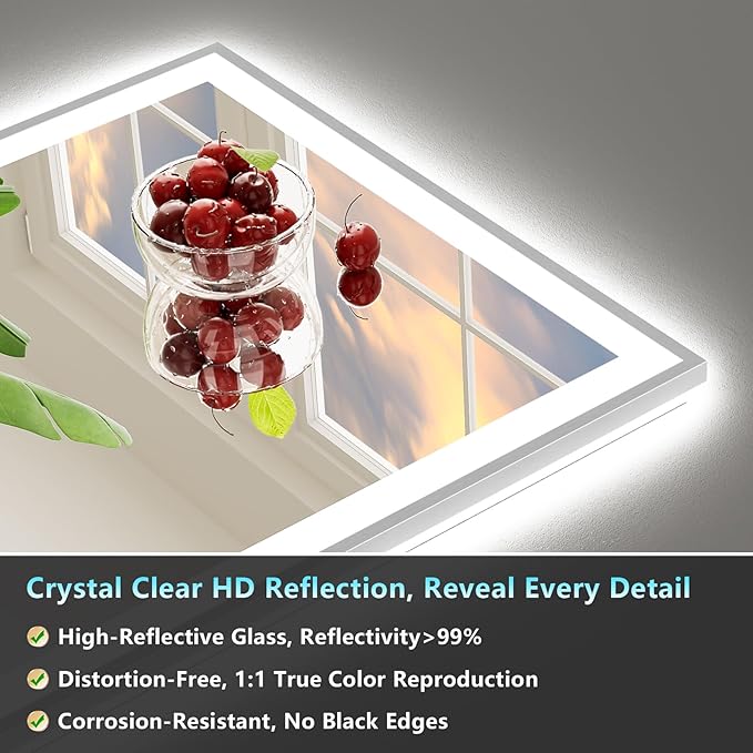50x40 Brushed Nickel LED Bathroom Mirror with Lights, Sliver Framed Backlit and Front Lit Anti-Fog Lighted Vanity Mirrors for Bathroom Wall, Dimmable, 3 Colors, Memory, Tempered Glass, CRI＞90