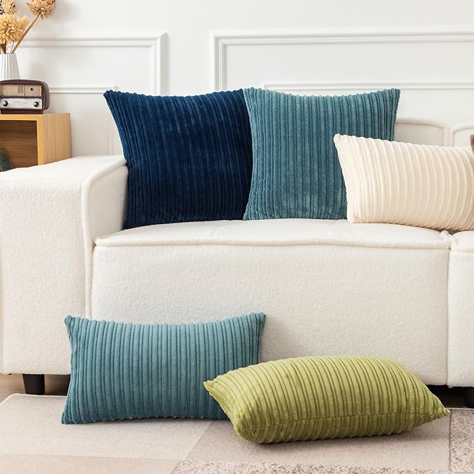 UGASA 14x24 Inch Pillow Cover Pack of 1 Soft Boho Stripe Corduroy Long Rectangle Lumbar Cushion Case Farmhouse Decorative Throw Pilowcase for Bed, Couch, Sofa, Bedroom, Living Room, Blue Grey