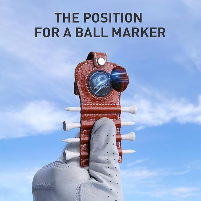 FINGER TEN Golf Tee Holder with Ball Marker and 4 Pcs Wood Tees Value 1/2 Pack, Luxury Leather Gift Hook to Golf Bag Belt Clip
