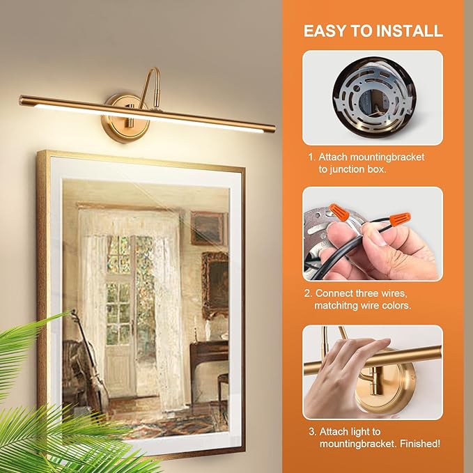 JOOSENLUX Picture Lights 24.4'' Inch Brass for Painting Display Wall Mount Brief Metal Artwork LED Wall Sconces Lamps14W(70W Eqv.),Warm White 3000K,Hardwire Swing Arm
