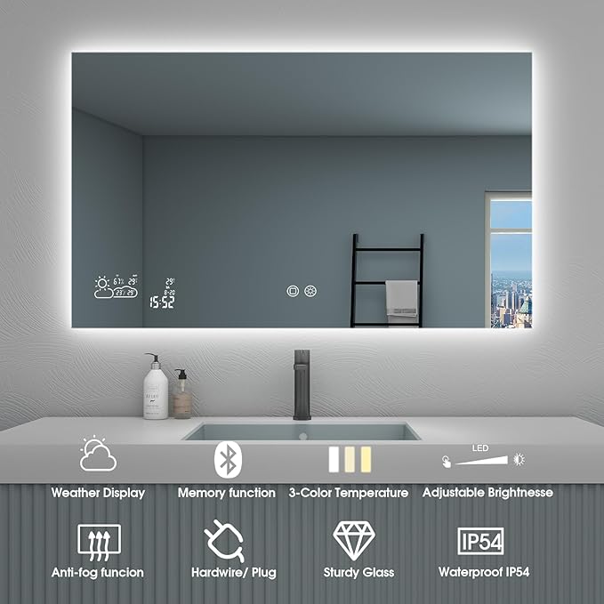 BYECOLD 40"x 24" Lighted Bathroom Mirror with Bluetooth, WiFi/Anti-Fog/Dimmable 3 Colors Backlit Bathroom Smart Mirror with Lights Wall Mounted Memory Function Touch Sensor - Horizontally Hangs