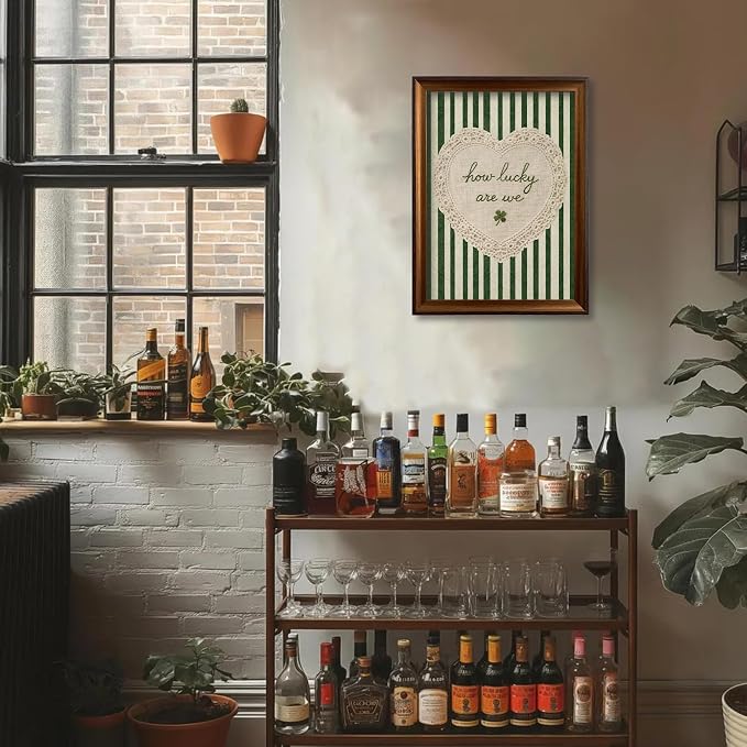 Framed How Lucky Are We Wall Art Vintage Inspirational Quotes Decor Print | Green Striped Lace Heart Aesthetic Painting Poster Trendy Preppy Canvas Picture for Bedroom Collage Ready to Hang 12inx16in