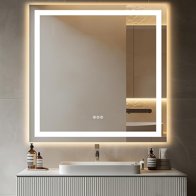 36"x 36" LED Bathroom Mirror with Stepless Dimmable, Backlight Wall Mirrors with Anti-Fog Bathroom Digital Mirror for Wall, 3 Color Modes, Memory Function Smart Mirror