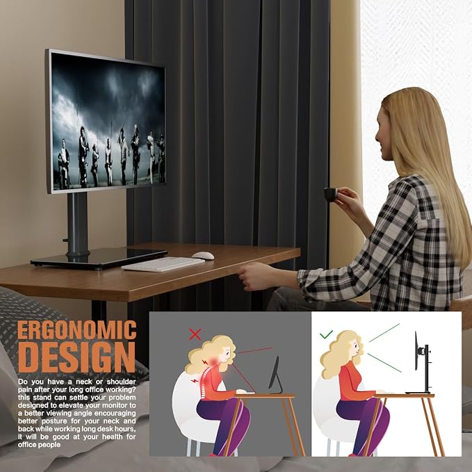 Single LCD Computer Monitor Free-Standing Desk Stand Mount Riser for 13 inch to 32 inch screen with Swivel, Height Adjustable, Rotation, Vesa Base Stand Holds One (1) Screen up to 77Lbs(HT05B-001))