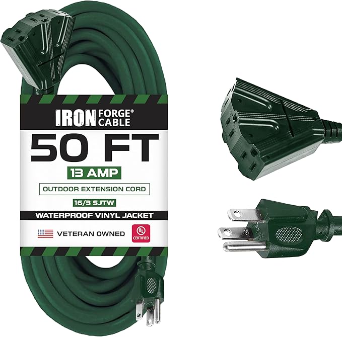 Iron Forge Cable 50ft Green Outdoor Extension Cord with 3 Outlets - 16/3 SJTW 50ft Extension Cord 3 Prong, 13 Amp All-Weather Heavy Duty Power Cable