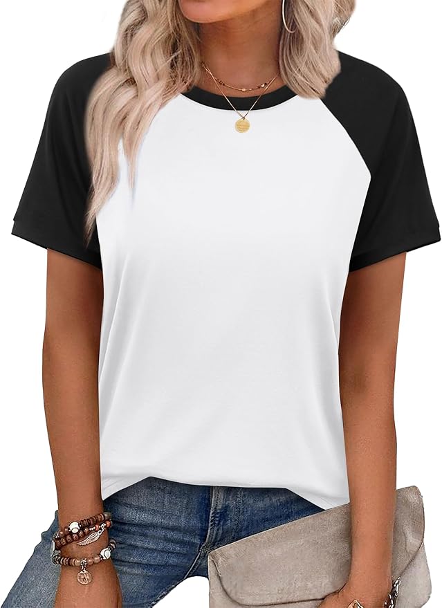 WIHOLL Womens Summer Tops Color Block Short Sleeve Raglan Shirts Spring Fashion Clothes Vacation Outfits