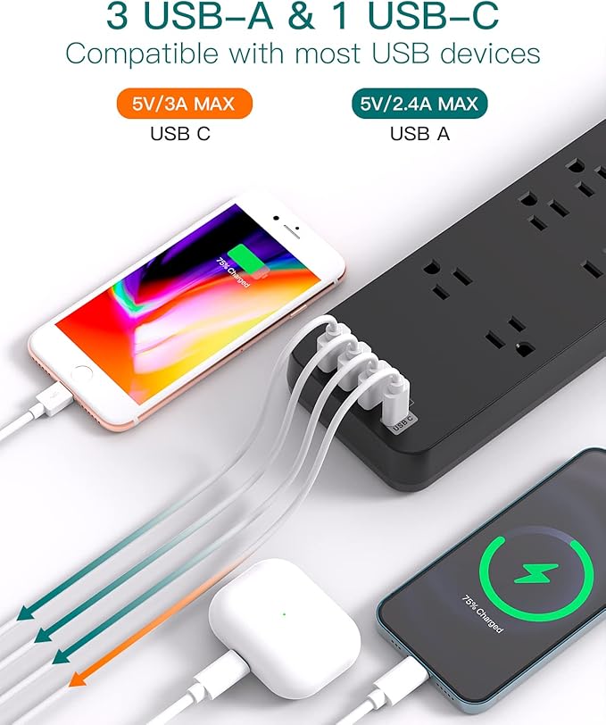 12FT Long Power Strip Surge Protector, Addtam Surge Protector with 10 Outlets and 4 USB Ports, Extension Cord with Flat Plug, 2700 Joules, ETL Listed, Black
