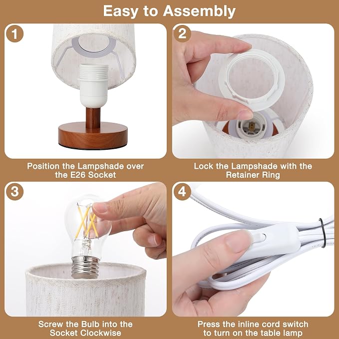 Fenmzee Small Table Lamps (Cream Shade - Walnut Base, 9" Inline Control) | 3000K LED Blub Included | 680 Lumens | Easy Assembly | Minimalist Design | E26 | for Kitchen | for Kids Room