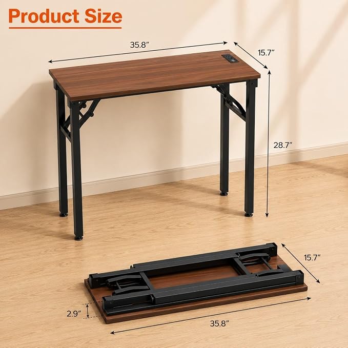 Folding Table Computer Desk - 35.8" No Assembly Folding Desk with Power Outlets & USB Charging Port, Small Desk, Foldable Office Desk, Compact Storage Portable Use for Small Space, Dark Walnut