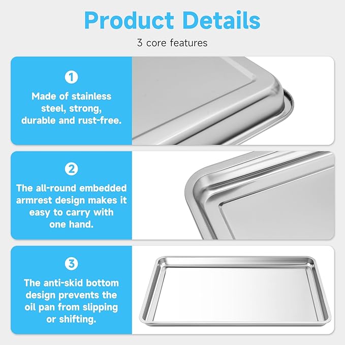 2Pcs Stainless Steel Oil Drip Pan for Under Car, 24 x 16 x 1.9 Inch Metal Oil Drain Pan for Oil Change, Automotive Large Drip Tray Oil Catch Pan Replacement Tray to Keep Garage Floor Clean