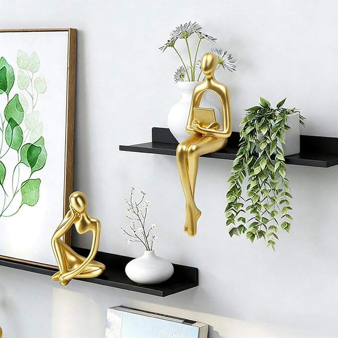 Prettidecor Gold Decor Reading Thinker Resin Statues Set of 3 | Office Coffee Shelf Table Desk Decor Abstract Decoration for Living Room Bedroom Collectable Figurines