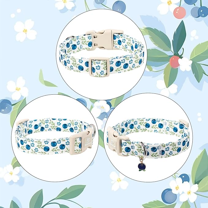 Spring/Summer Dog Collar for Large Dogs - Fresh Blueberry Girl Boy Dog Collars, Soft Lightweight Puppy Collar, Breathable Adjustable Male Female Fruit Floral Dogs Collars L