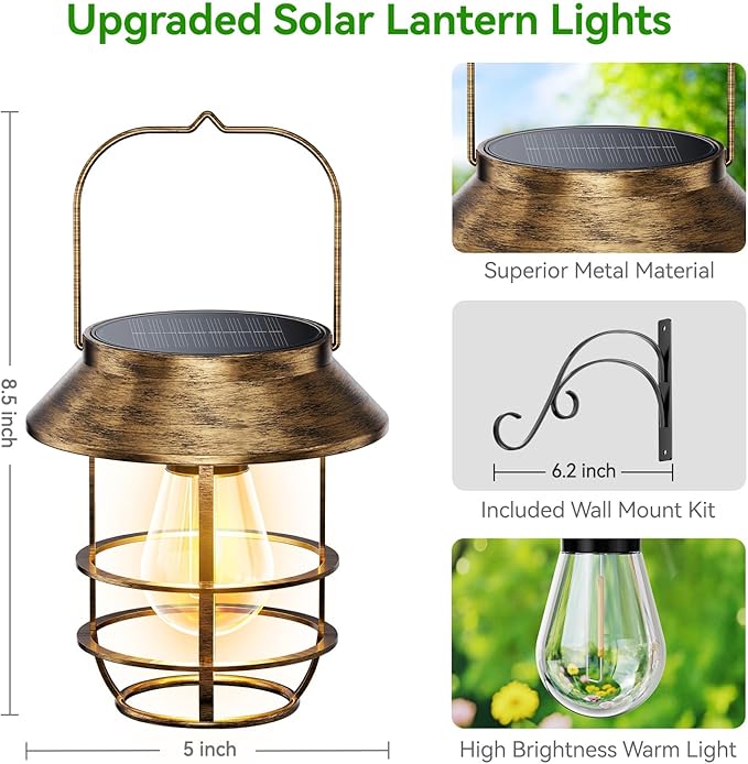 Solar Lanterns Outdoor Waterproof, High Brightness Hanging Solar Lights for Outside with Wall Hooks, Retro Metal Outdoor Lanterns Auto On/Off for Porch, Patio, Yard Decor 2 Pack