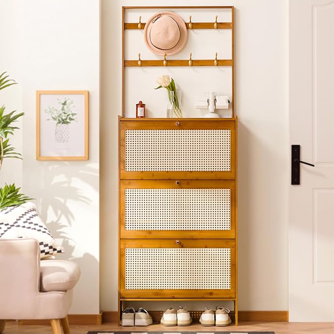 Modern Free Standing Rattan Coat Rack with 3 Flip Drawers 3Tier Shoe Storage Organizer for Entrance Hallway Natural and Stylish Design(50x17x186cm)