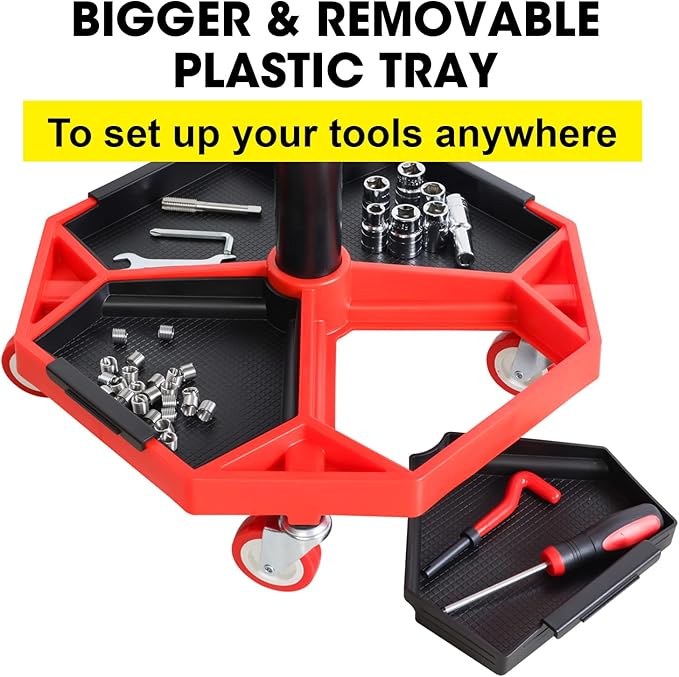 Big RED ATRXF8308R Torin Heavy Duty Pneumatic Garage Rolling Stool/Creeper Seat with Removable Plastic Tray, 300 lb Capacity, Black/Red