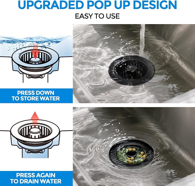 zaa 3 in 1 Kitchen Sink Drain Strainer Stopper Removable Basket Pop-Up | Kitchen Sink Accessories 1 Pack All Black Stainless - Food Catcher, Odor-Blocking Seal, Fits 3.5" Drain