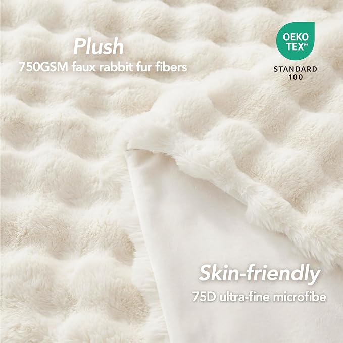 L'AGRATY Faux Rabbit Fur Throw Blanket for Couch, 60'' x 80'', Cream White | Soft Cozy Bubble Fluffy Blanket for Sofa Bed, Thick Warm Plush Fuzzy Throw for Room Home Decor, Luxury Gift for Women Mom