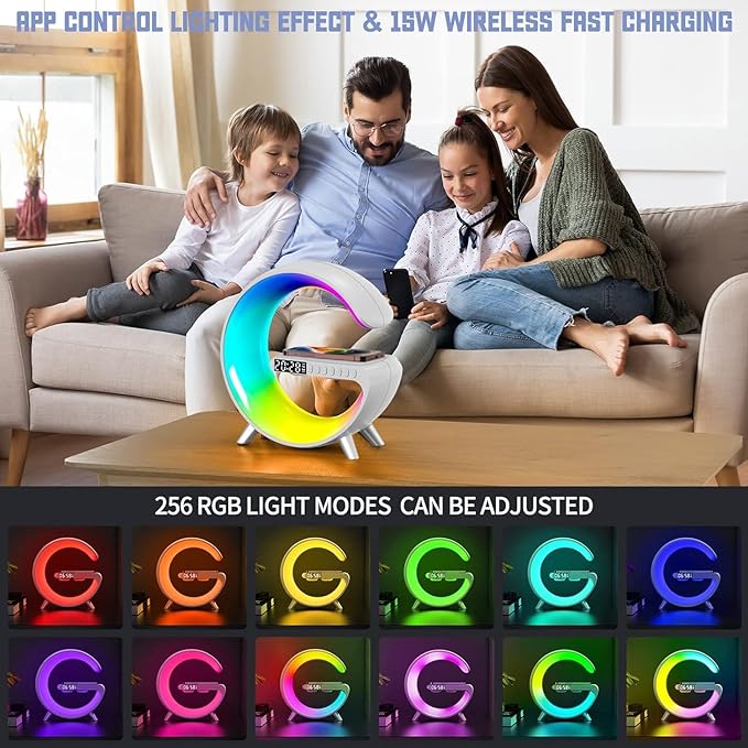 Smart LED Table Bedside Lamp with Bluetooth Speaker & App Control, 15W Fast Wireless Charging Station Dock, Sunrise Alarm Clock, Cool Night Light, for Bedroom, Home Decor, Birthday, Christmas Gifts